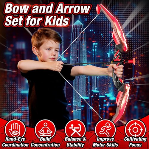 HYES Bow and Arrow Set - LED Light Up Archery Kit with 12 Suction Cup Arrows & Targets | Indoor Outdoor Fun for Kids Ages 4-12