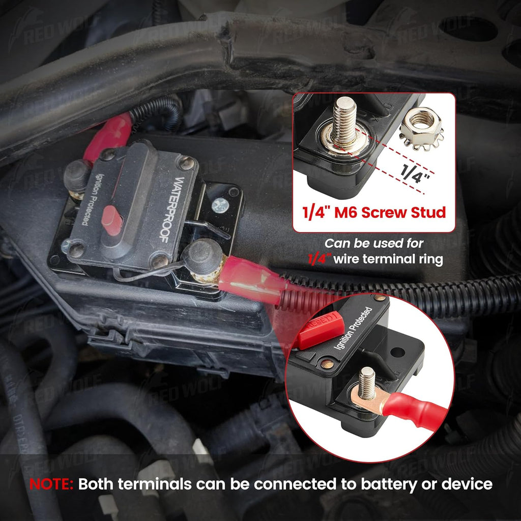 RED WOLF Waterproof 100Amp Circuit Breaker - Inline Fuse with Manual Reset for Marine & ATV 12V-48V DC