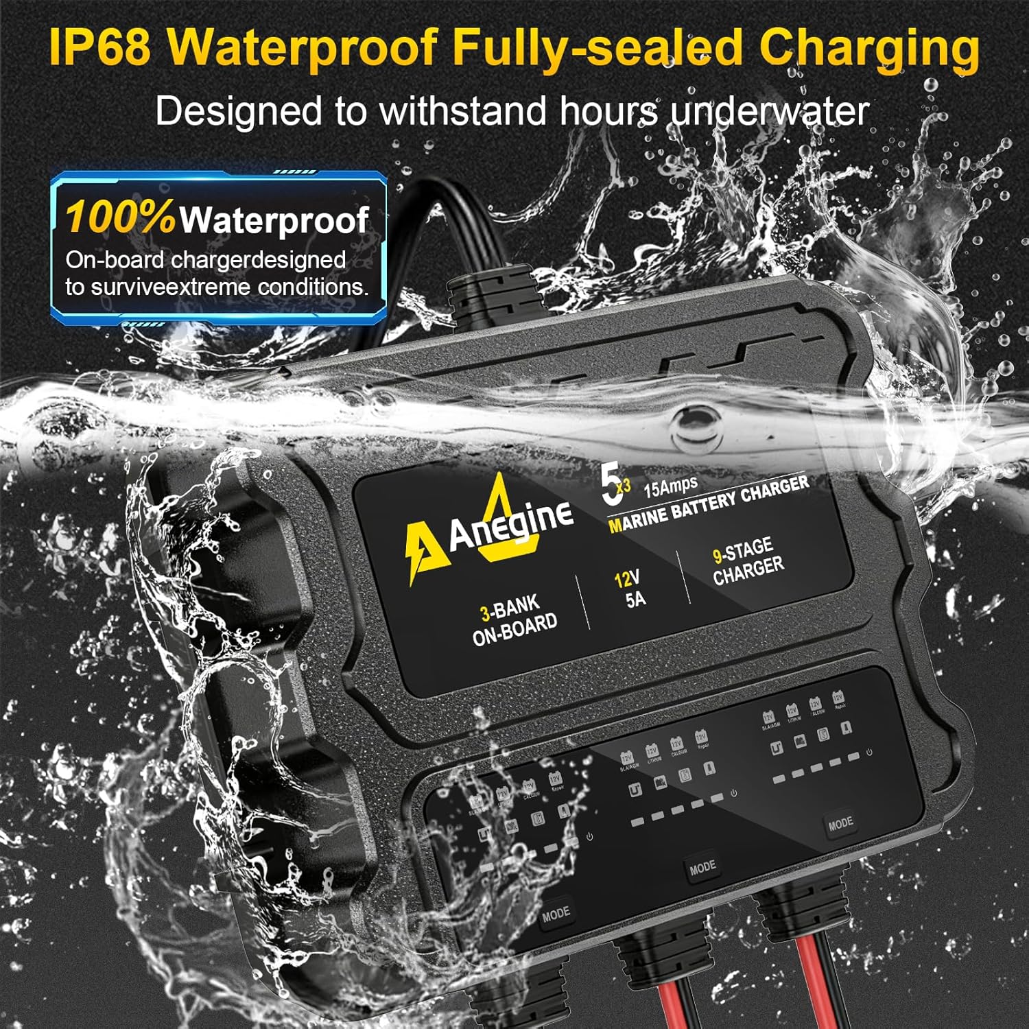 3 Bank Marine Battery Charger - 12V (5A/Bank) Waterproof LCD Onboard Charger with Overcharge Protection & Temperature Compensation for Lead-Acid, AGM, EFB, LiFePO4, Lithium | Ideal for Boat, Car, RV