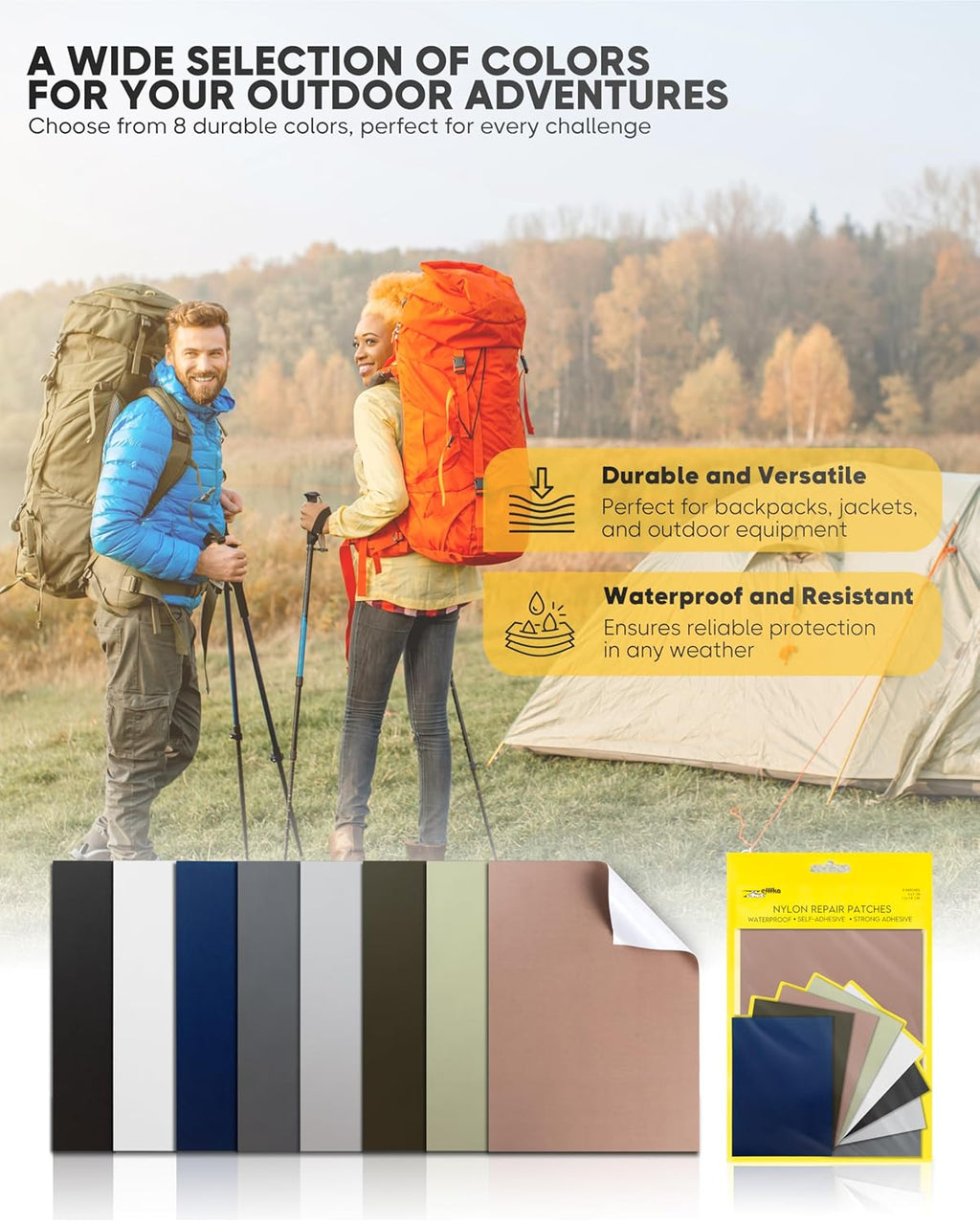 ZEFFFKA Nylon Self-Adhesive Repair Patches - Waterproof & Durable 5x7 Inch Fabric Patches | 8 Assorted Colors