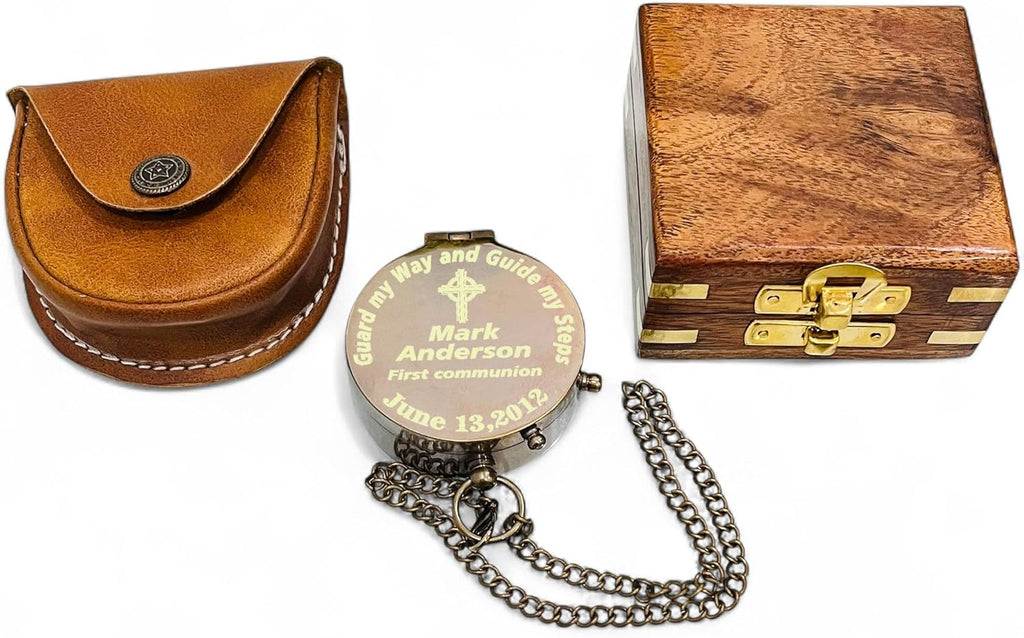 Skiennix Personalized Baptism Compass - Engraved Name & Date | Religious Keepsake Gift with Wooden Box & Leather Case