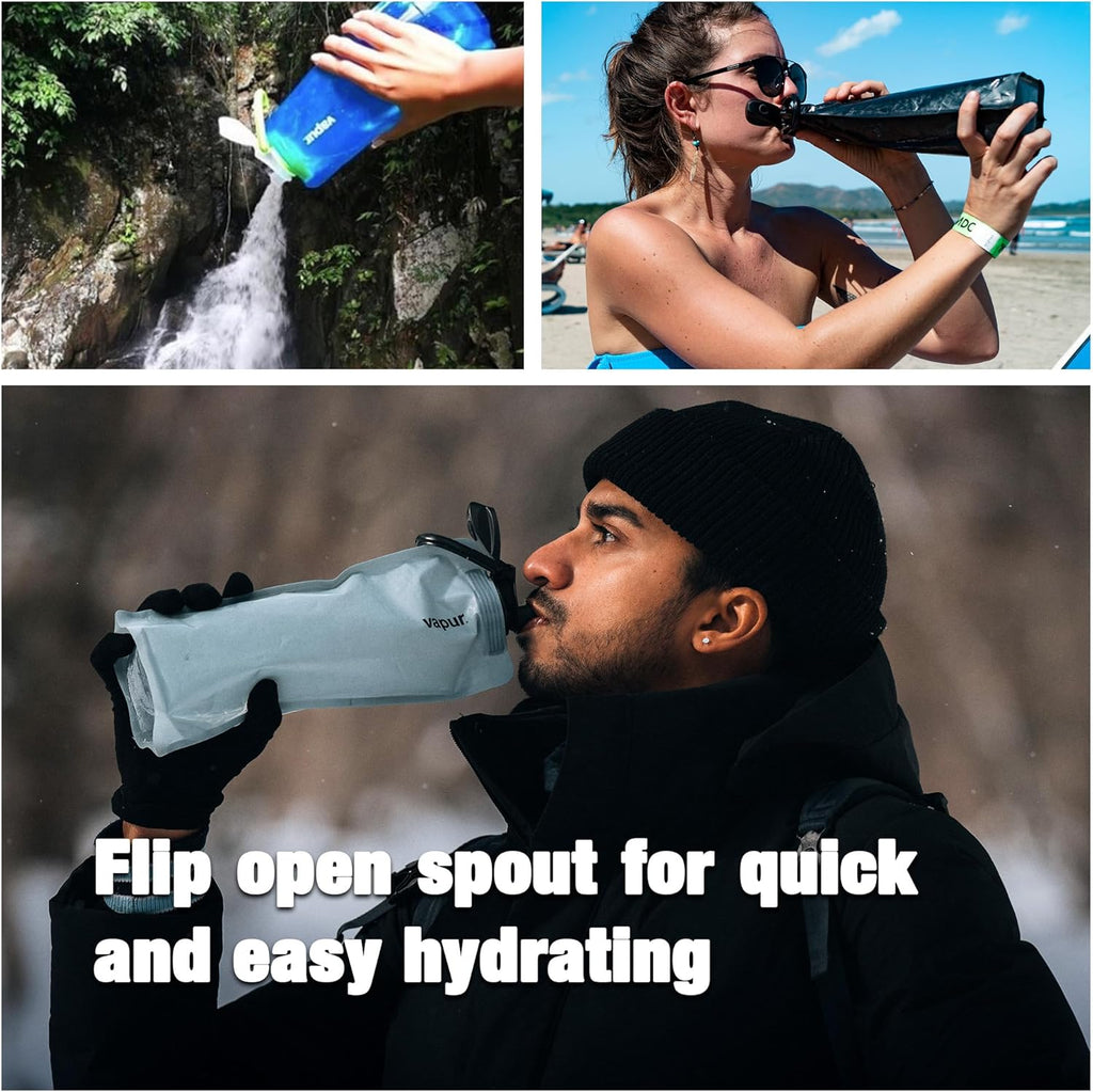 Vapur Collapsible Water Bottle - Compact 34 Ounce Hydration Solution | Folds Flat for Travel, Hiking & Camping - Blackout, Pack of 2