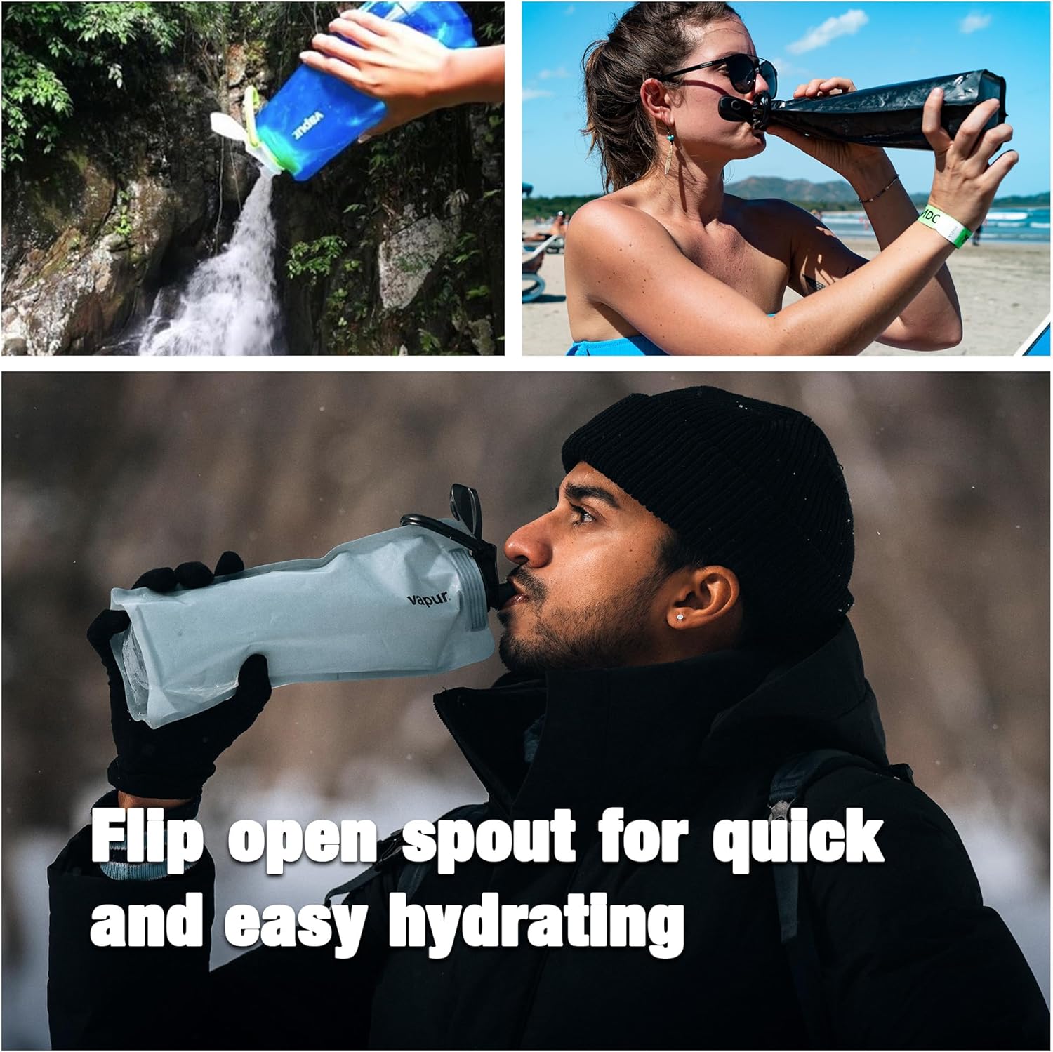 Vapur Collapsible Water Bottle - Compact 34 Ounce Hydration Solution | Folds Flat for Travel, Hiking & Camping - Blackout, Pack of 2