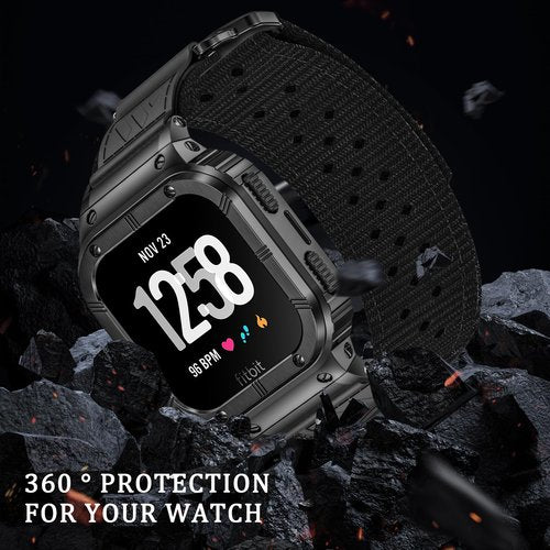 MioHHR Band Compatible with Fitbit Versa 4 3 2 1 /Fitbit Versa Lite/Fitbit Sense/Sense 2 Bands with Stainless Steel Case, Breathable Nylon Sport Adjustable Strap Replacement Rugged Wristband for Men