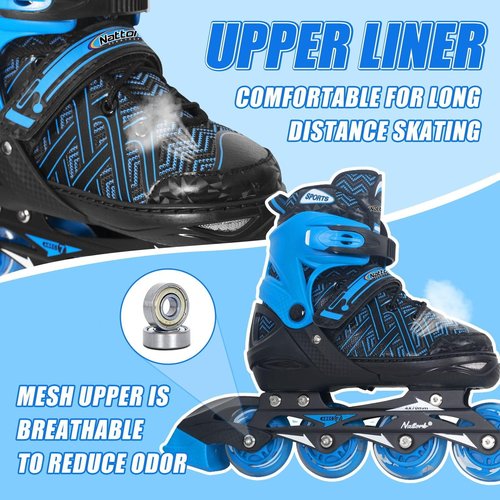 Nattork Adjustable Inline Skates for Little Kids Boys with Light up Wheels - Blue Child Blade Roller Skating for Beginners Size 1 2 3 4 Ages 7 8 9 10