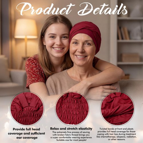 Zhengmy 4 Pcs Cotton Chemo Headwear for Women, Soft Cancer Skull Cap, Knot Turban Stretchy Sleeping Hats for Hair Loss Gift(Black, Khaki, Wine Red, Navy Blue)