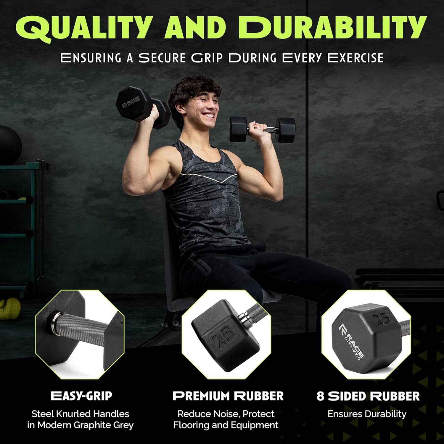 Rubber Coated Dumbbells - No Roll Design with Easy-Grip Steel Knurled Handle | Ideal for Home Gym - 10-60 LBS Available Individually