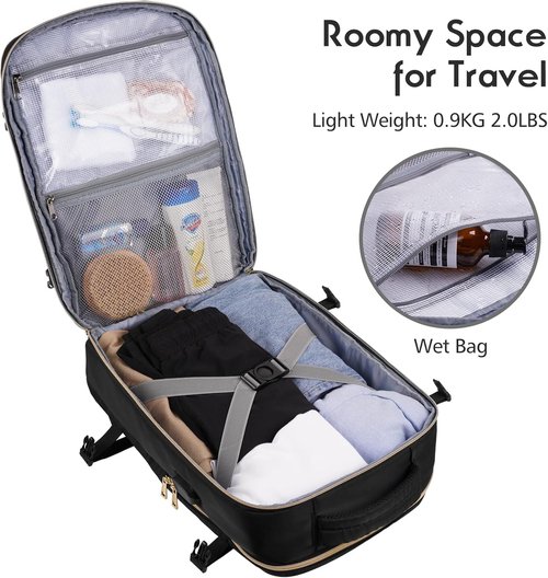 MOMUVO Travel Backpack - Airline Approved Carry-On | 15.6 Inch Laptop Bag with USB Charging Port - Black