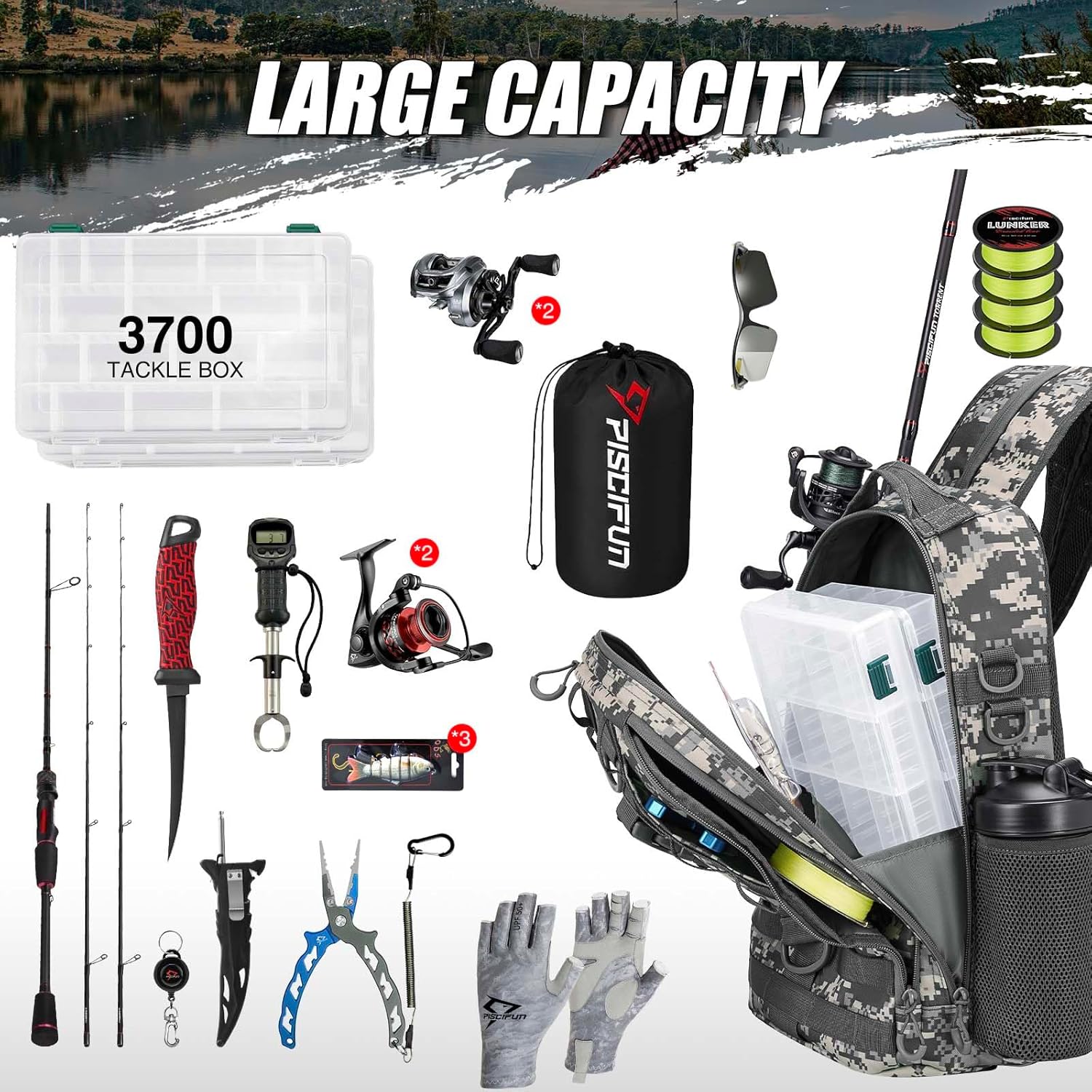 Piscifun Fishing Backpack - Lightweight Sling Bag with Rod Holder for Gear Storage