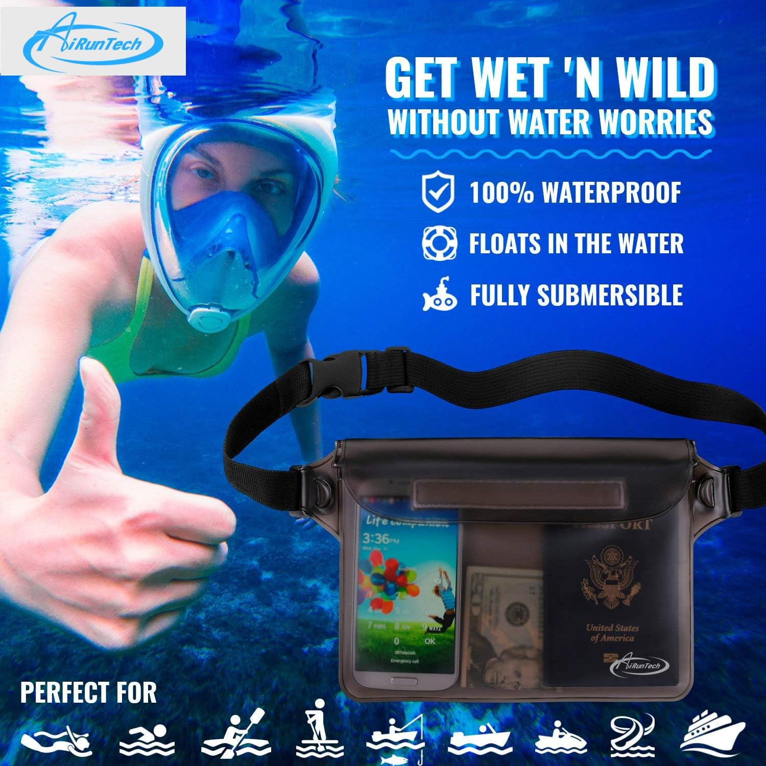 AiRunTech Waterproof Fanny Pack - IPX8 Dry Bag for iPhone 16/15/14/13/12/11 Pro Max | Includes Two Phone Cases & Waist Bags
