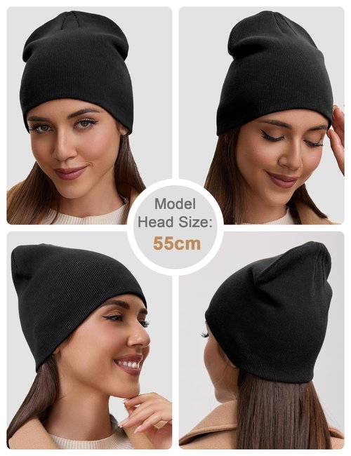 100% Cotton Beanie Hat for Men Women - Soft Unisex Winter Knit Skull Cap, Stretch Fit Fashion Fisherman Beanie, Black