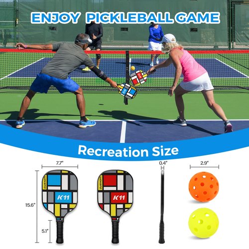DUJORM Pickleball Set with Net and Paddles, 4 Player Set, Multicolor Wooden Paddles, 22FT Portable Net, 4 Balls,Pickleball Paddle Set of 4 with Net and Carring Bag