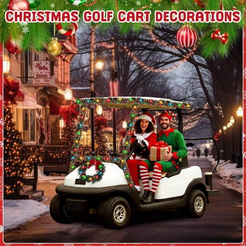 Suncalla 6 Pcs Christmas Golf Cart Decorations Christmas Golf Cart Seat Covers with Tinsel Garland, Xmas Wreath and LED Lights for Xmas Decorations Holiday Parade(Green,Classic)