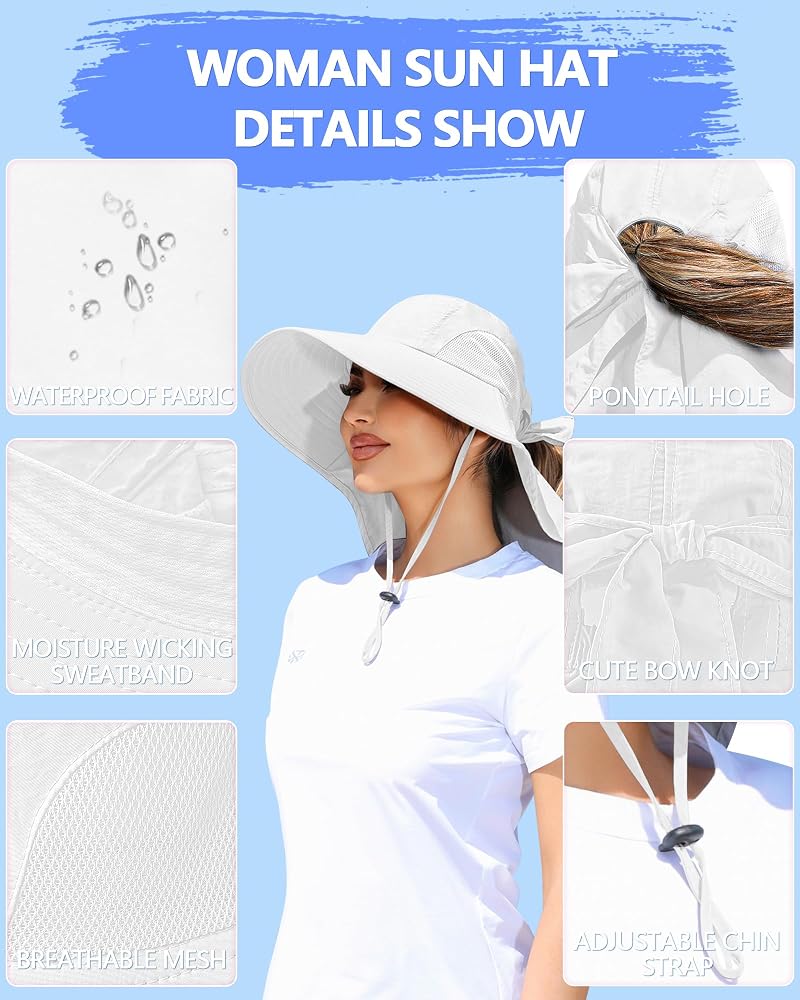 White One Size Sun Hat with Ponytail Hole and Neck Flap - UPF50+ Outdoor Fishing & Hiking