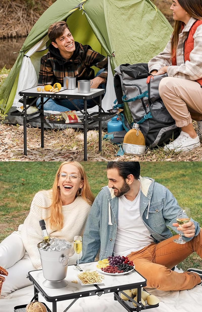 Titanker Small Folding Camping Table 2ft with Side Racks and Net (White Marble & Storage Net) – Portable Beach/Car Picnic Table