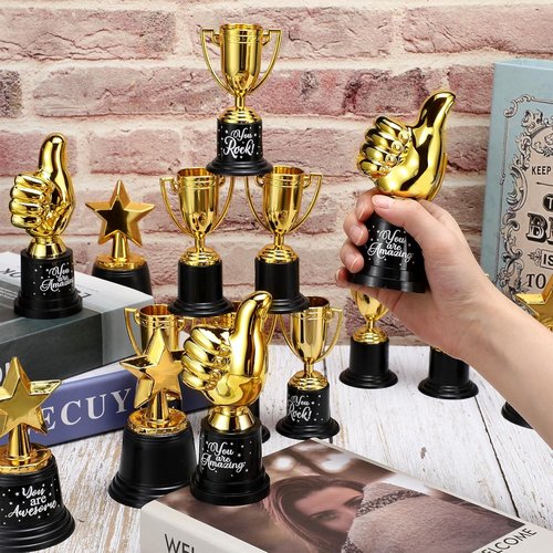Lenwen Gold Trophy Awards - 36 Pack Mini Thumbs Up Trophies for Students | Perfect for Sports & Classroom