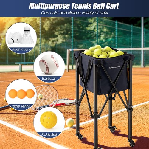 Goplus Foldable Tennis Ball Hopper - Lightweight Aluminum Basket with Wheels & Removable Bag | Holds 150 Balls