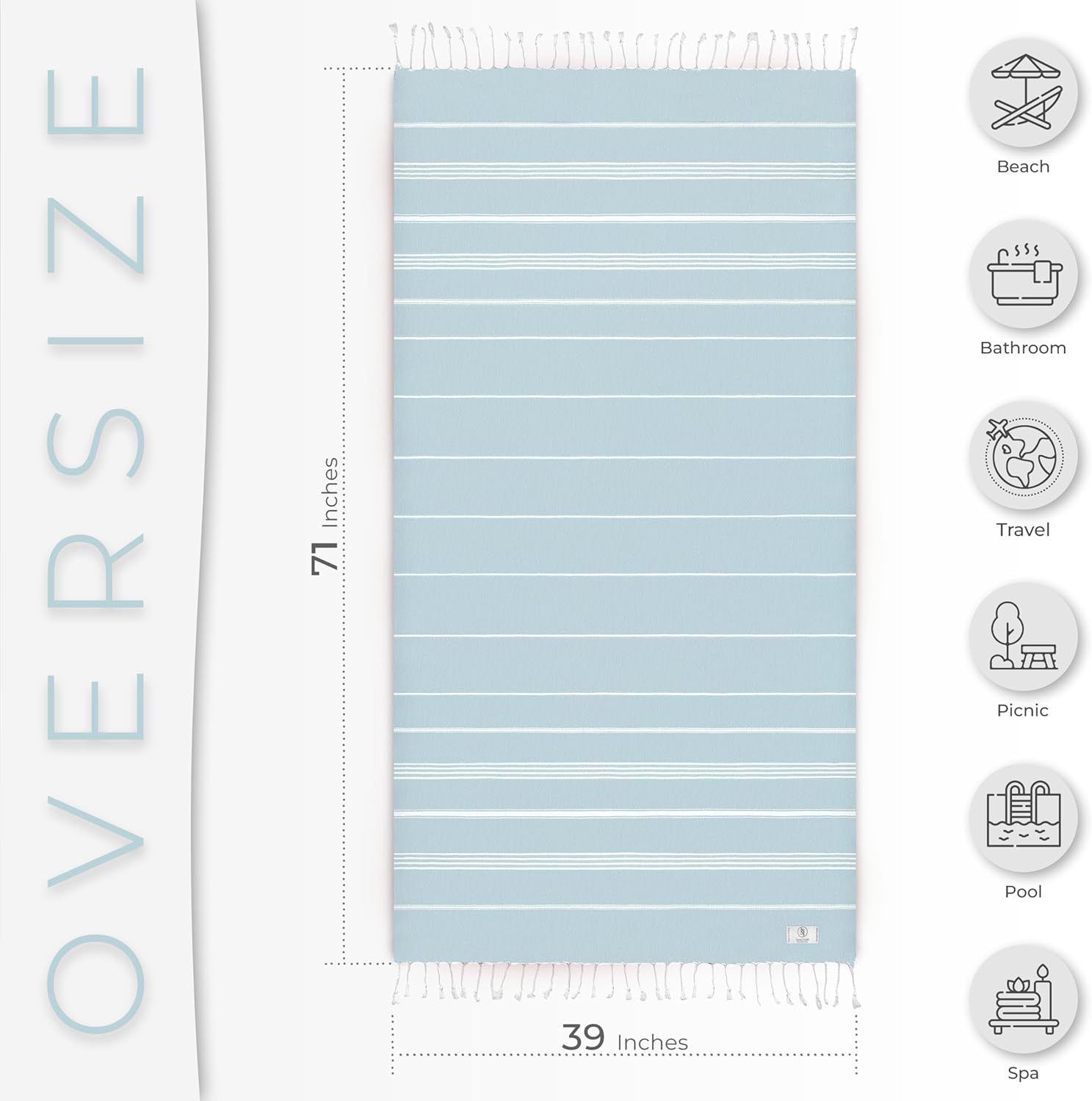 Turkish Beach Towel - Quick Dry & Absorbent Oversized (39" x 71") | Versatile Travel Blanket, Gym & Pool Towel in Baby Blue