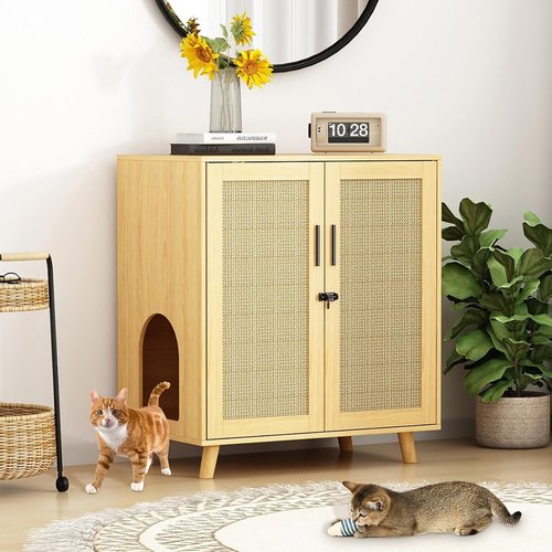Lovinouse Cat Litter Box Enclosure - Large Hidden Litter Cabinet with Sisal Doors & Adjustable Shelf | Stylish Wooden Design for Living Room