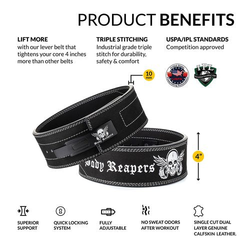 Body Reapers Weightlifting Belt 10mm Thick, 4-Inch Wide Calfskin Leather Weight Belt with Adjustable Metal Buckle Offers Back Support for Powerlifting, Squats, Gym & Fitness Training for Men & Women