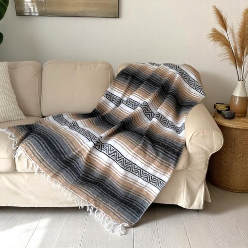 Authentic Handwoven Mexican Blanket, Falsa Serape - Soft & Durable - Vibrant Beach, Picnic, Yoga & Camping Mat - Traditional Boho Throw - Outdoor Blanket 70"x50" (Haze)