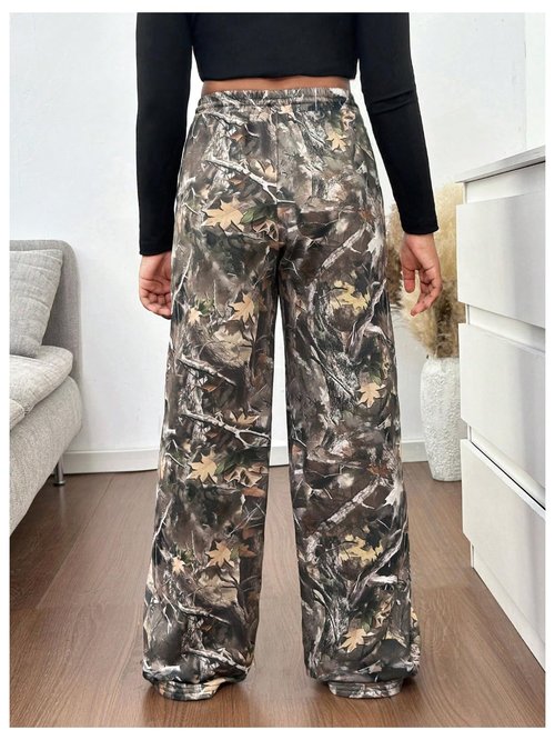SOLY HUX Girl's Camo Wide Leg Pants Drawstring Waist Baggy Sweatpants with Pocket Army Green 12Y