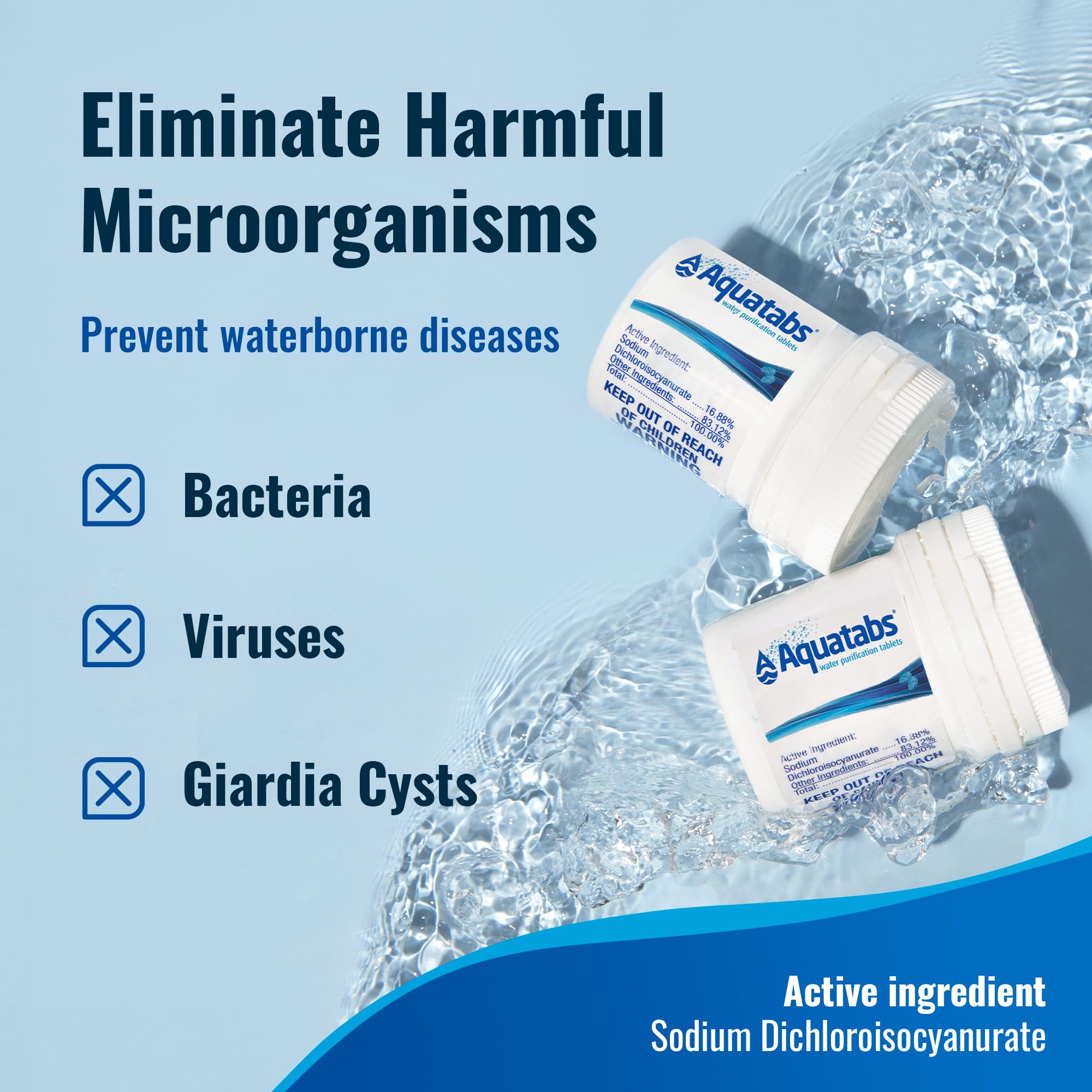 Aquatabs Water Purification Tablets for Drinking - 100 Tablets + 2 Chlorine Test Strips - Water Purifier Starter Kit - for Boat and RV Tanks - by Aquamarine Water Solutions