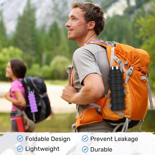 Collapsible Water Bottle, 16oz Portable Reusable Silicone Water Bottle, BPA-Free Leak-Proof Foldable Design with Carabiner, Lightweight Durable for Gym, Travel, Camping, Hiking, Sports(Black+ Purple)