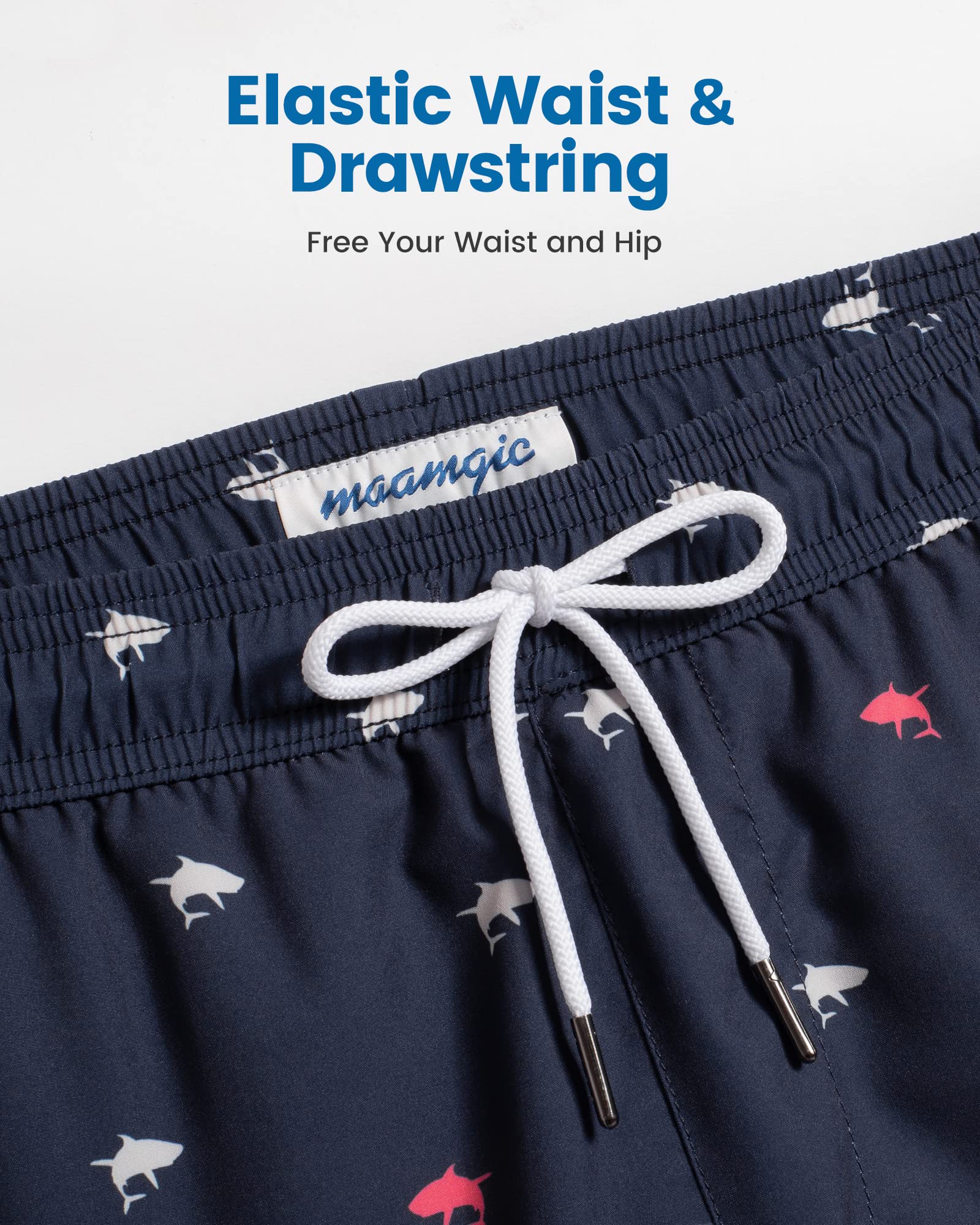 maamgic Mens Swim Trunks with Compression Liner 5 Inch, Quick Dry Bathing Suit with Zipper Pockets, Stretch No-Chafing Swim Shorts, Navy-Mini Shark X-Small