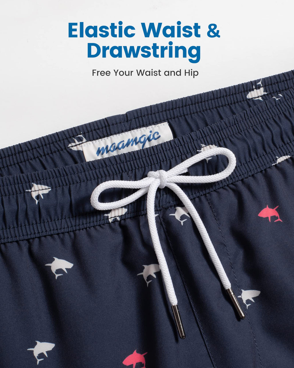 maamgic Mens Swim Trunks with Compression Liner 5 Inch, Quick Dry Bathing Suit with Zipper Pockets, Stretch No-Chafing Swim Shorts, Navy-Mini Shark X-Large