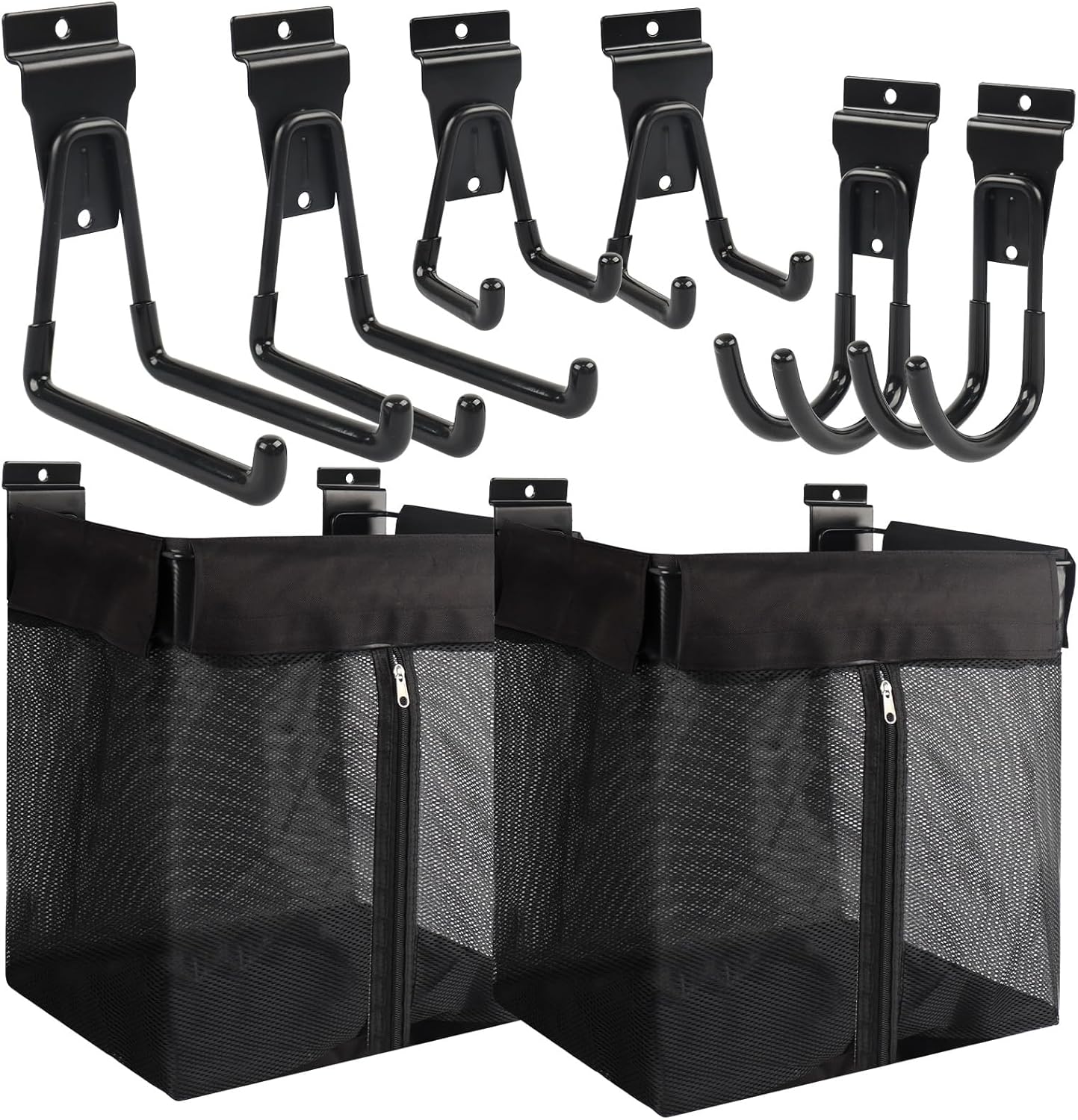 Skiennix Slatwall Basket Set - 2PCS Zippered Mesh Baskets with 6 Heavy-Duty Hooks | 16x15x11 Inch Garage Storage Solution