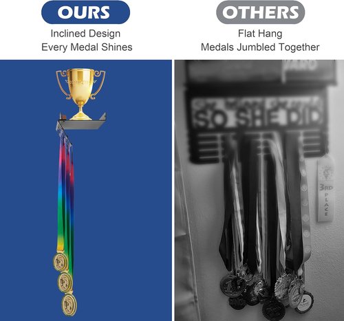 Medal Hanger Display & Trophy Shelf Combo - Unique 5.3" Deep Design for Large Trophies | 2X Thicker Metal