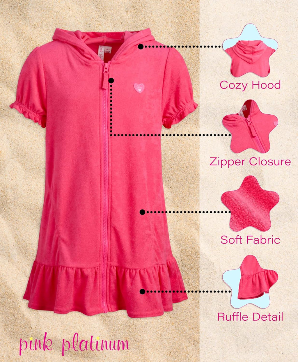 Pink Platinum Girls Swim Cover-Up - Soft Cotton Hooded Ruffled Bathrobe Dress in Terry Cloth
