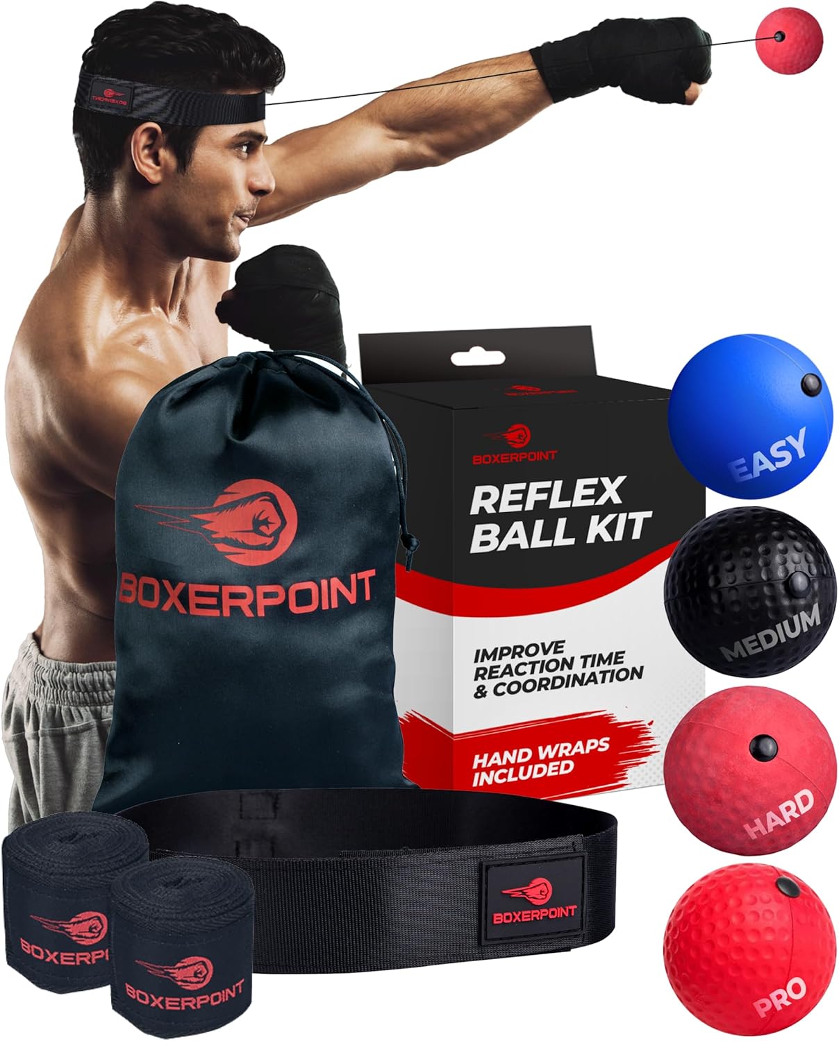 React Boxing Reflex Ball - Improve Hand-Eye Coordination with Headband, Carry Bag & Hand Wraps
