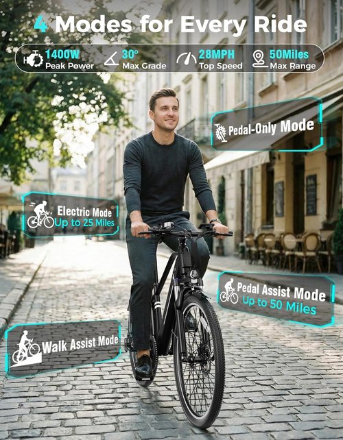 Jasion 26" Electric Bike - Removable Battery Ebike with 3 Modes, 7-Speed, 1200W Motor | Max 28MPH, 50 Miles