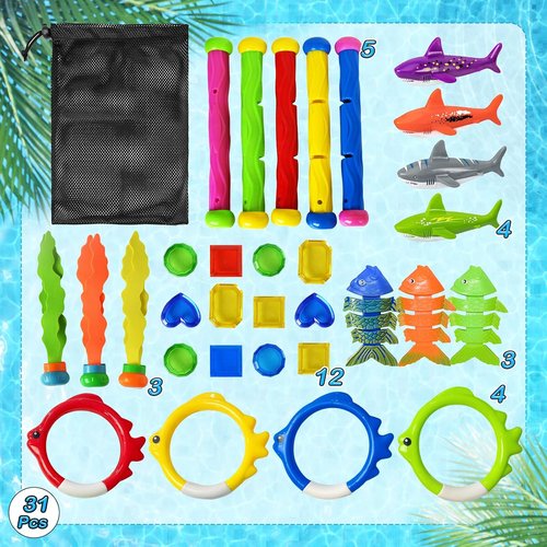 Jasonwell Pool Diving Toys - 31 PCS Fun Swimming Pool Games for Kids & Teens | Dive Rings, Sticks & Treasures