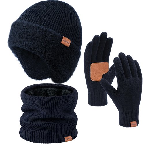 Sofier Winter Hat Fleece Lined Beanie with Earflap Neck Warmer Scarf Touchscreen Gloves Warm Knit Set for Men Women
