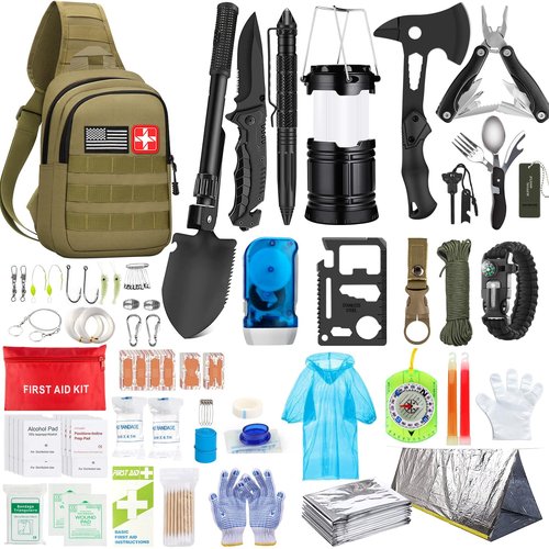 Survival Kit, 151 Pcs First Aid Kit Survival Gear and Supplies Emergency Kit with Bug Out Bag Tactical Military Grade Molle IFAK for Camping, Earthquake, Hiking, Hunting, Gifts for Men Dad (Khaki)