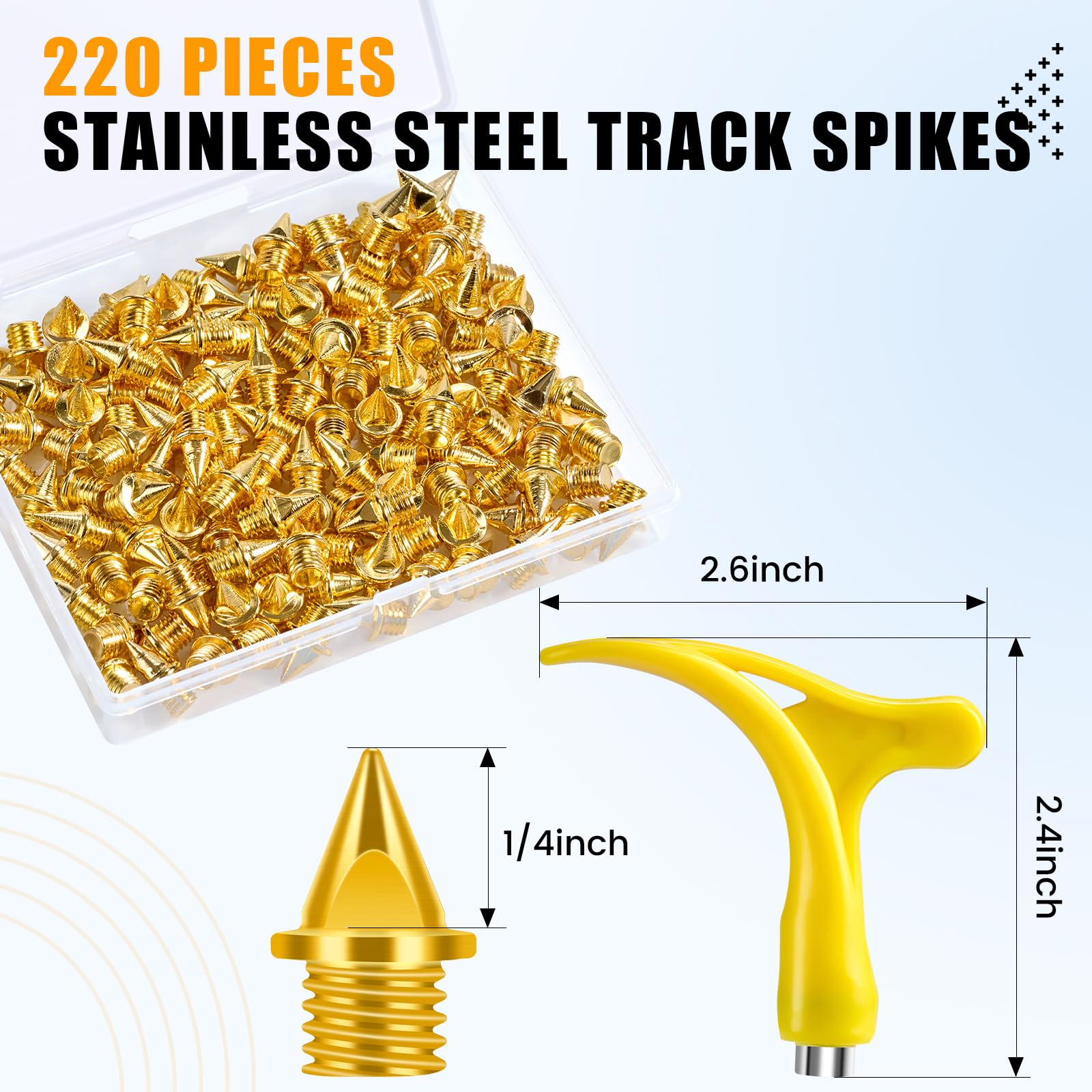 YUNVI 1/4 Inch Track Spikes,220pcs Stainless Steel Pyramid Shoe Spikes with Spike Wrench for Track and Cross Country,Replacement Spikes for Sprint Sports Short Running Shoes