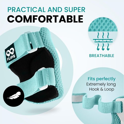99FLIPS Kids Knee and Elbow Pads Set - Pads and Wrist Guards for Skating Girls & Boys - Size SM Mint - Skateboard Roller Skates Scooter