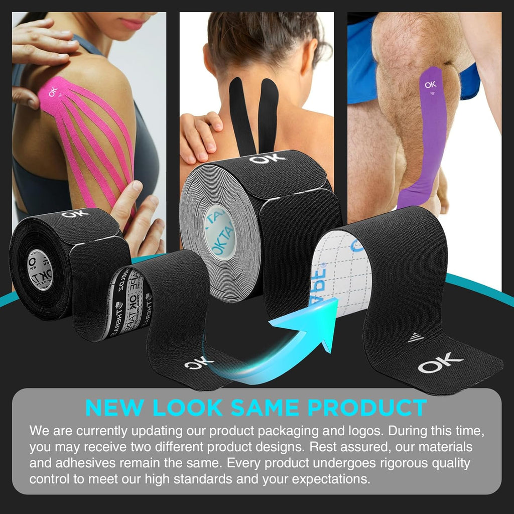 OK TAPE Kinesiology Tape - Precut Cotton Elastic Athletic Tape, Latex-Free, 2in x 16ft, 4 Rolls, Muscle Support | Mixed Colors