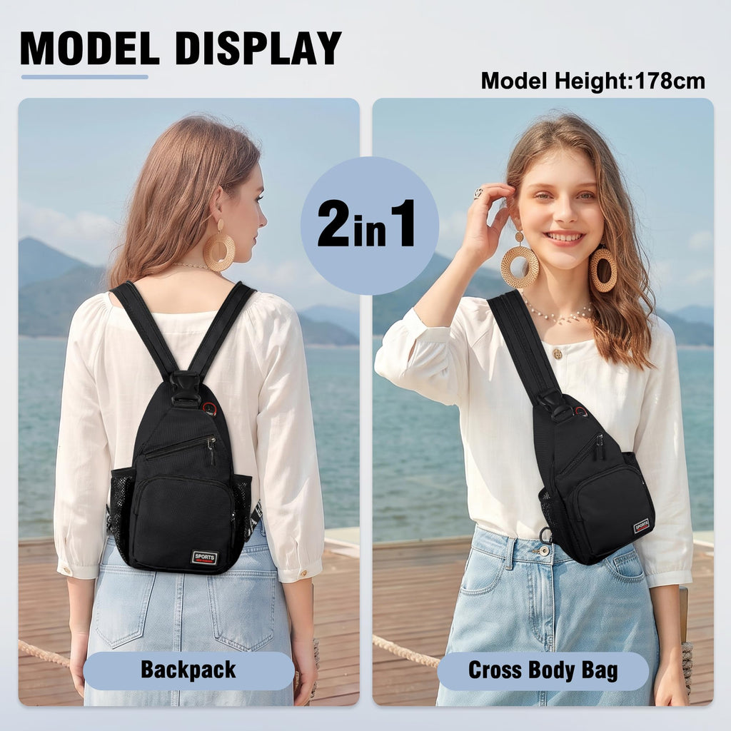 VALUEQLO Crossbody Backpack Convertible Sling Bag for Women Men with Adjustable Strap Small Casual Daypack for Hiking Traveling (Small, 11-Inch, Black)