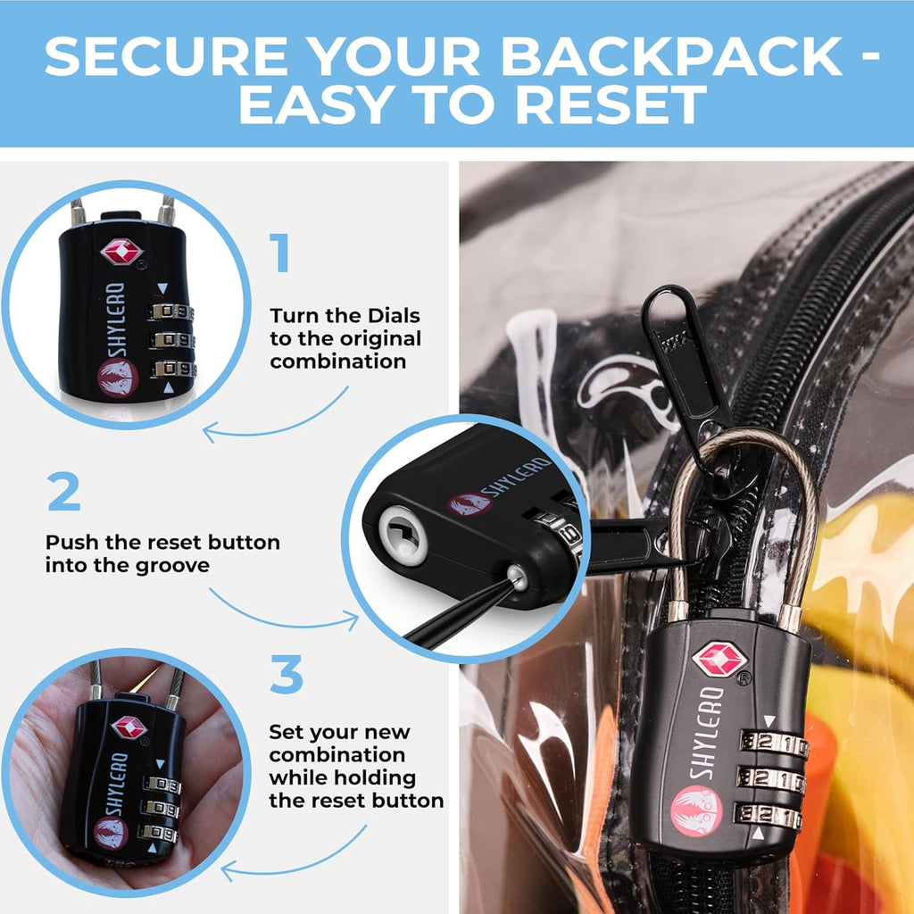 SHYLERO Clear Backpack - Heavy Duty PVC with TSA Lock & 2-Way Zipper | X-Large Black (18''x14''x8'')
