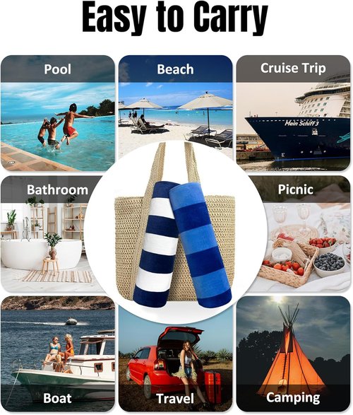 Cabana Large Beach Towel - Oversized Cotton Velour 35 x 70 Inch Blue Striped Pool Towel for Adults