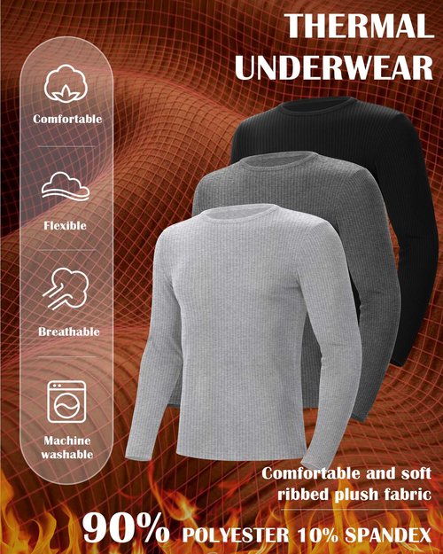 Riyiper 3 Pack Men's Ribbed Thermal Shirts Crew Neck Long Sleeve Tops Winter Stretchy Slim Basic Undershirt(Black, Gray, Light Gray,M)