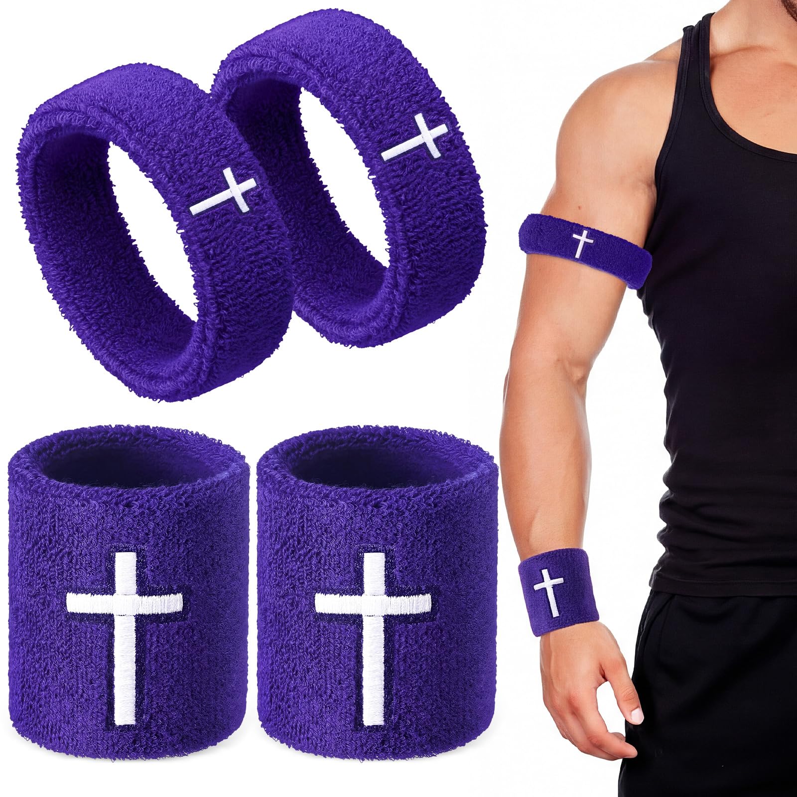 Soulchen 4 pcs Cross Bicep Bands Wrist Bands Christian Arm Sweat Wristbands Absorbent Armband for Men Women Football Baseball Players Sports Activities Supplies(Purple)