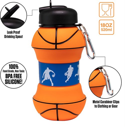 Maccabi Art Clip-On Silicone Basketball Water Bottle - BPA-Free, 18 Oz for Kids