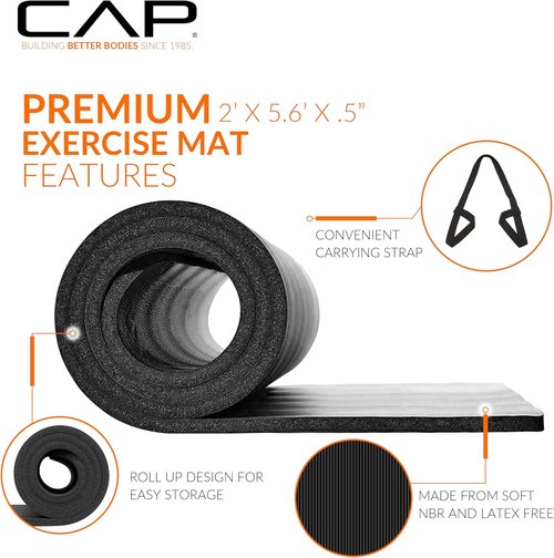 CAP Barbell High Density Yoga Mat with Strap - 1/2-Inch Thickness | Multiple Color Options