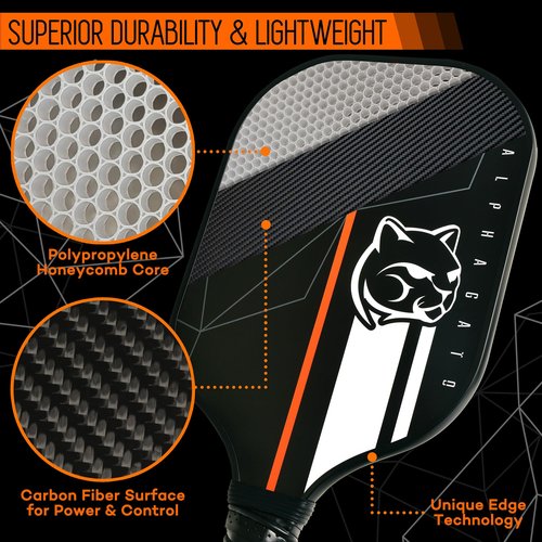 Alpha Gato Carbon Fiber Pickleball Paddles Set with 2 Paddles, Carry Case, 4 Balls, Lightweight Pickle Ball Paddle Set of 2 with 4 Balls, 1 Bag, Pickleball Rackets for Adults and Teenager, Black