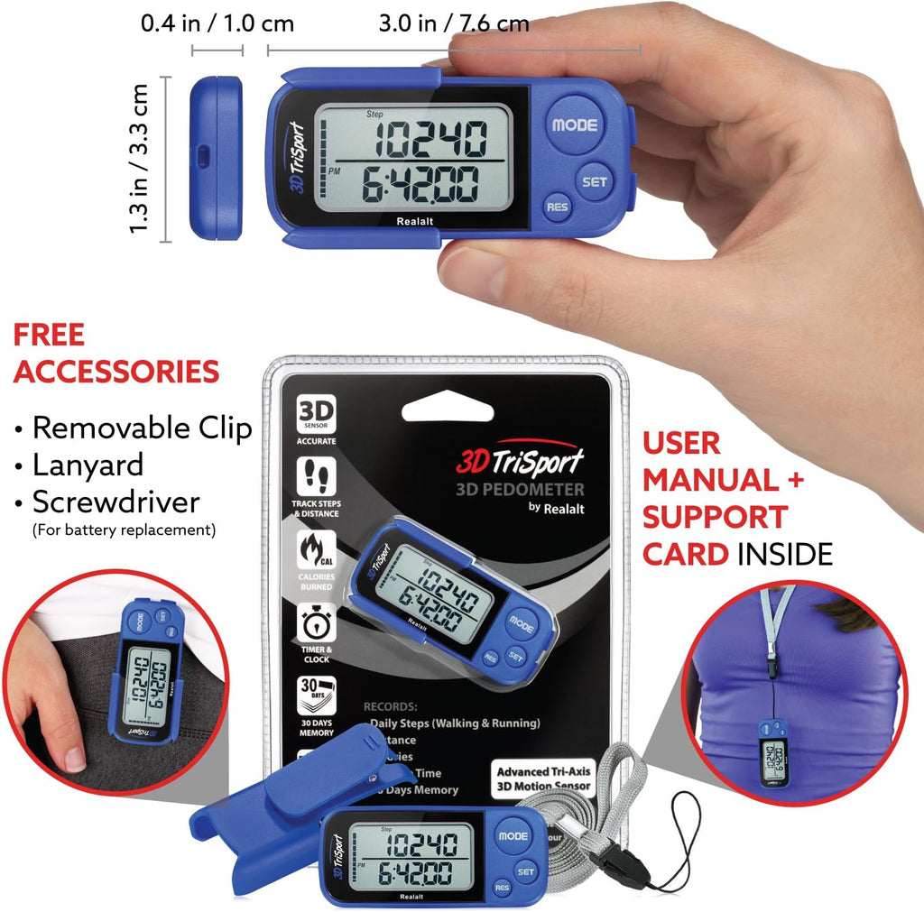 Realalt 3DTriSport 3D Walking Pedometer - Accurate Step Counter with 30-Day Memory & Large Display for Seniors